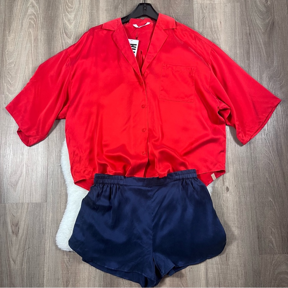 Lunya washable silk relaxed button up shirt shorts pajama